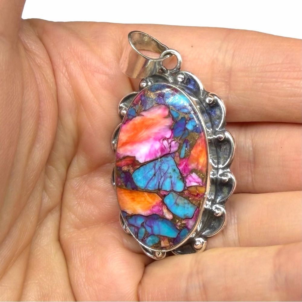 Pink Dahlia Kingman Turquoise Necklace Pendant Solid 925 Sterling Silver Oval - Picture 4 of 5